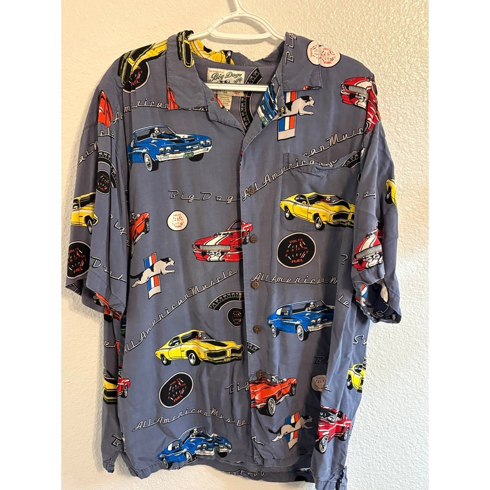 Vintage Big Dogs All American Muscle Car Rayon Hawaiian Button Down Shirt XL